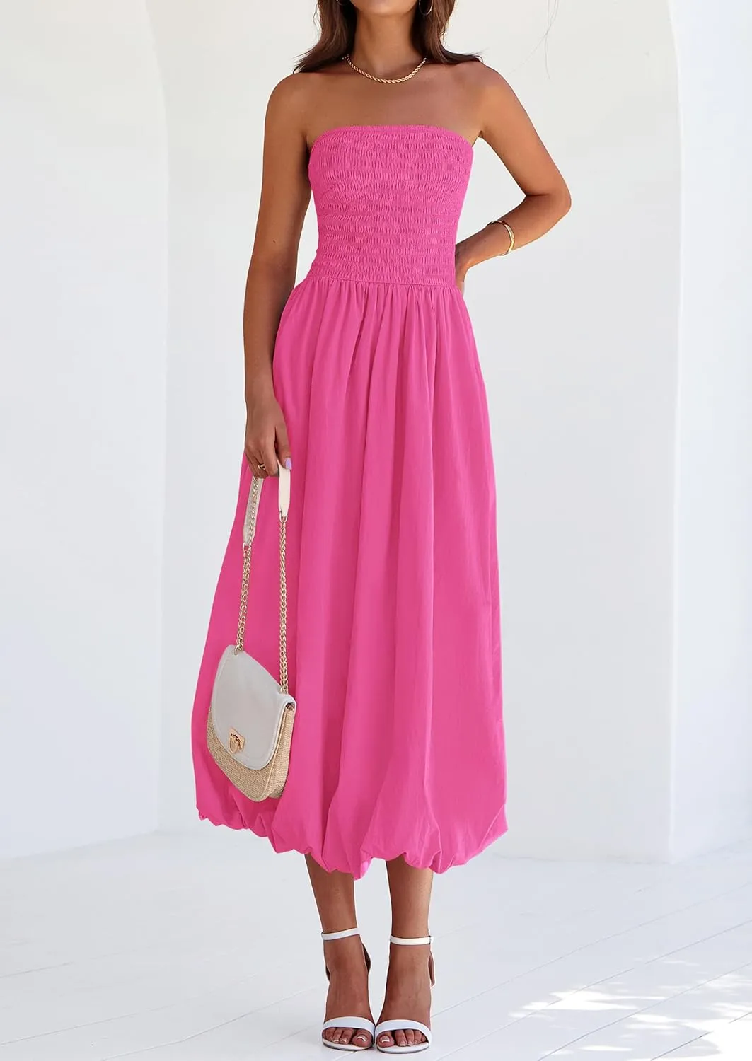 PRETTYGARDEN Women's 2025 Summer Strapless Tube Midi Dress Smocked A Line Bubble Long Flowy Casual Elegant Party Dresses