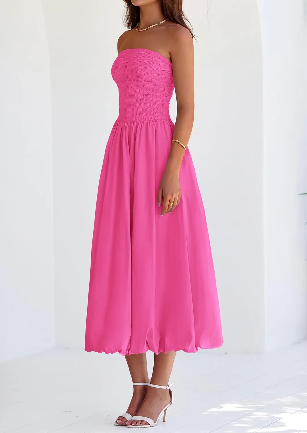 PRETTYGARDEN Women's 2025 Summer Strapless Tube Midi Dress Smocked A Line Bubble Long Flowy Casual Elegant Party Dresses