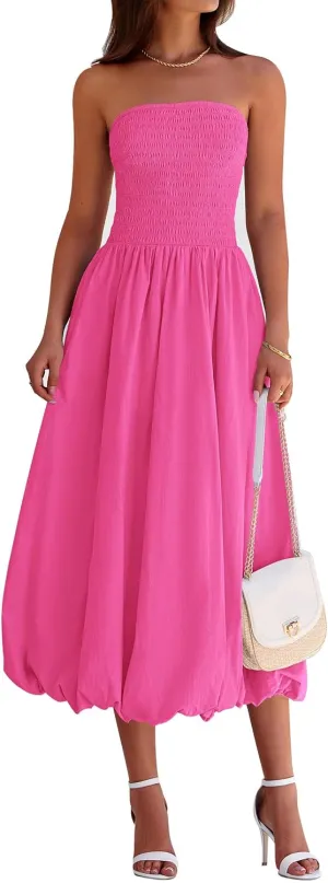 PRETTYGARDEN Women's 2025 Summer Strapless Tube Midi Dress Smocked A Line Bubble Long Flowy Casual Elegant Party Dresses
