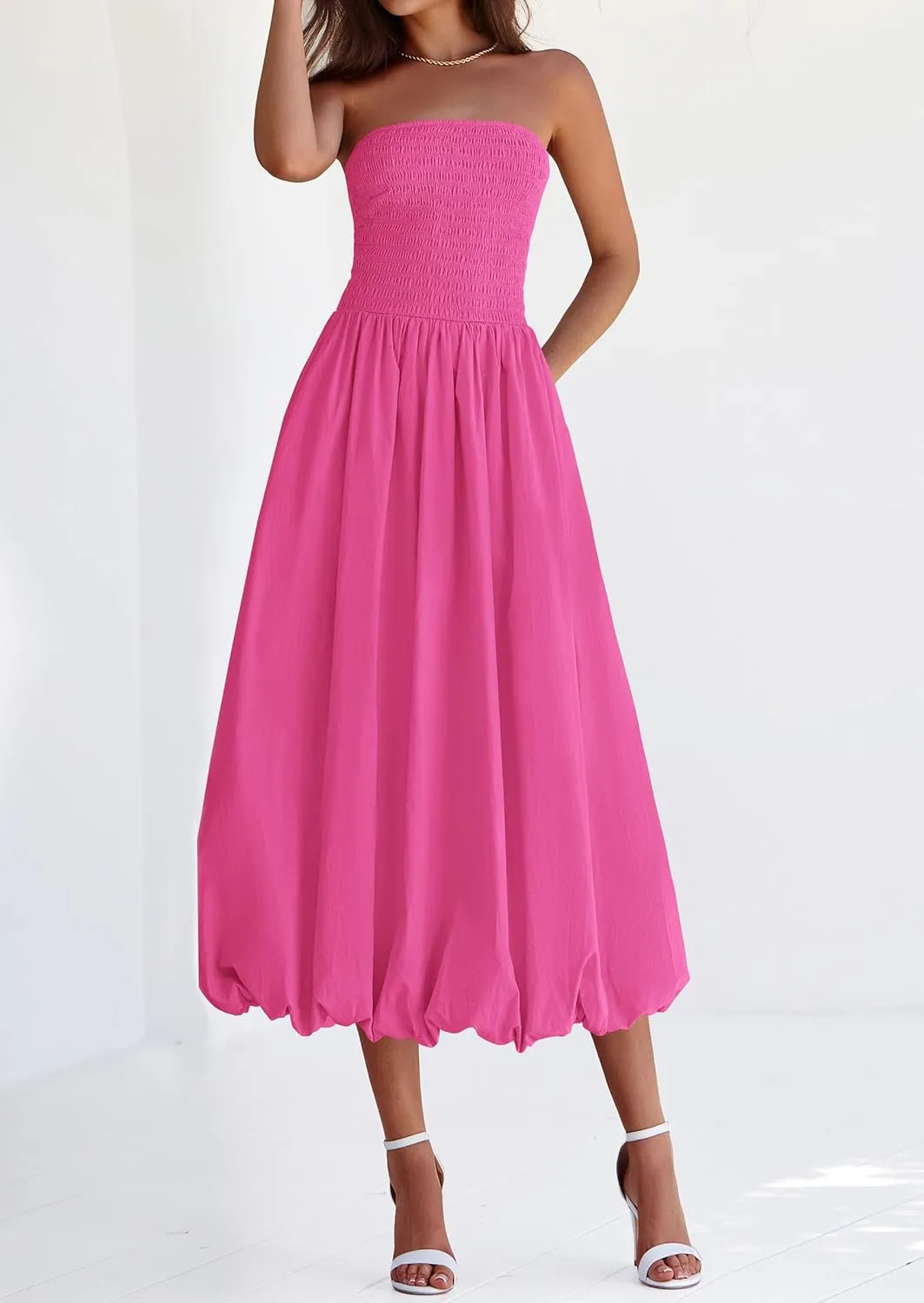PRETTYGARDEN Women's 2025 Summer Strapless Tube Midi Dress Smocked A Line Bubble Long Flowy Casual Elegant Party Dresses