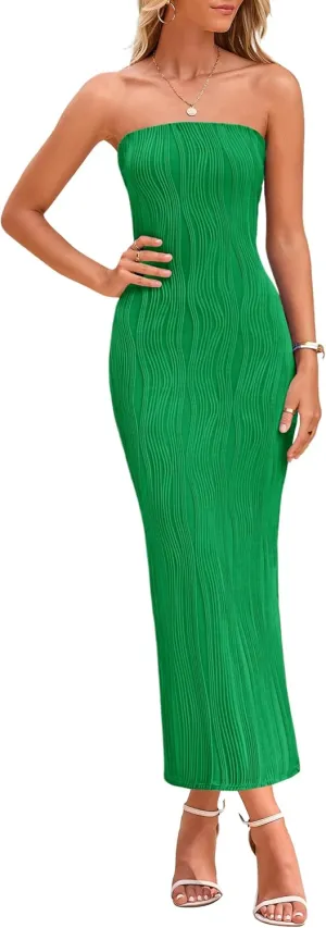 PRETTYGARDEN Womens Summer Maxi Dress Textured Bodycon Tube Off Shoulder Strapless Back Slit Long Party Dresses