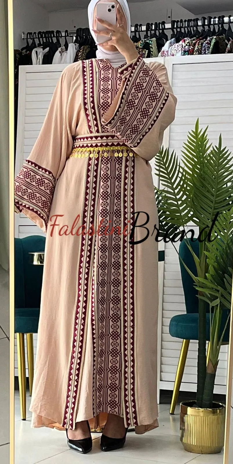 Royal Nude and Golden Embroidered Dress and Abaya Set