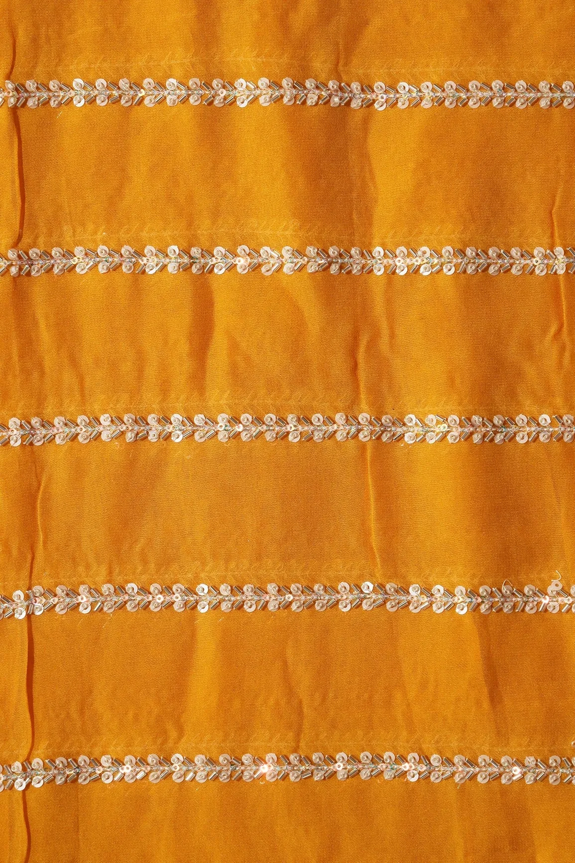 Silver Beads With Sequins Beautiful Stripes Handwork Embroidery On Yellow Viscose Georgette Fabric