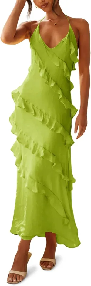 Wenrine Womens Sexy Chiffon Halter Maxi Dress Sleeveless Backless Ruffle Tassel Party Club Dresses