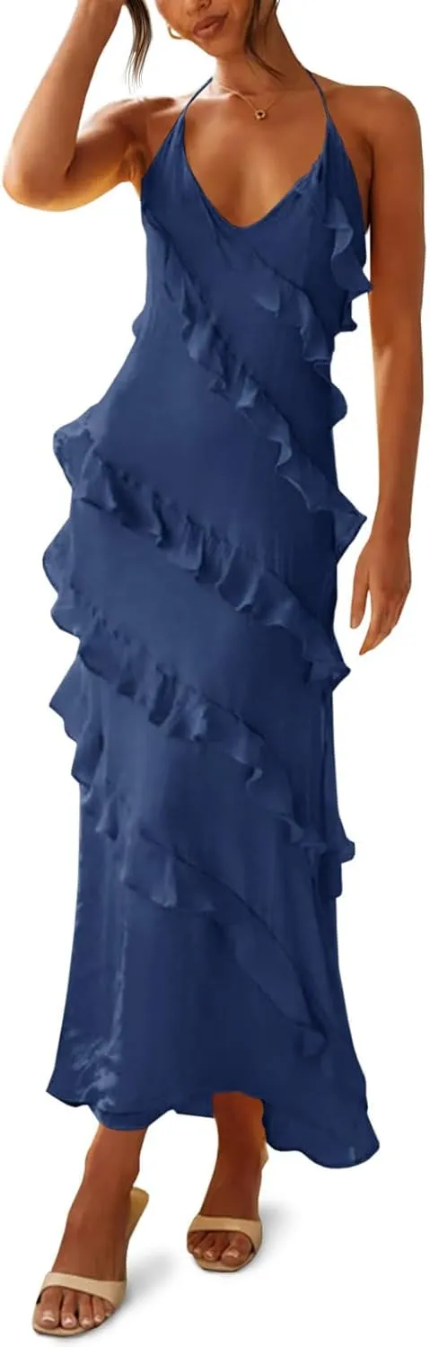 Wenrine Womens Sexy Chiffon Halter Maxi Dress Sleeveless Backless Ruffle Tassel Party Club Dresses