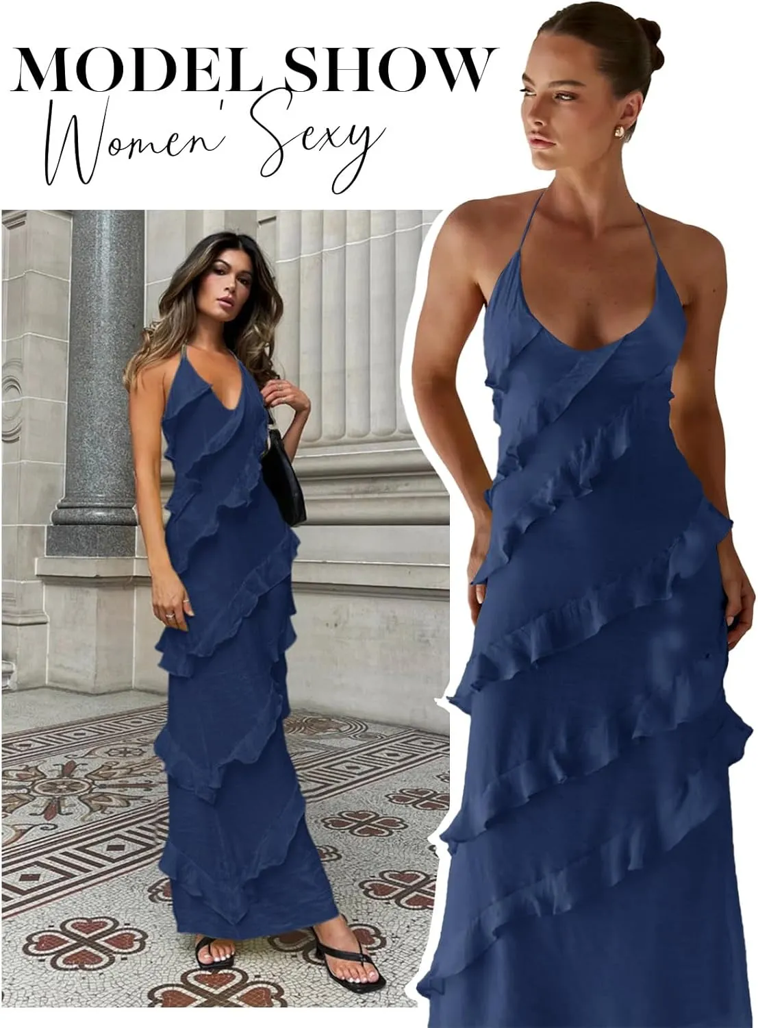 Wenrine Womens Sexy Chiffon Halter Maxi Dress Sleeveless Backless Ruffle Tassel Party Club Dresses