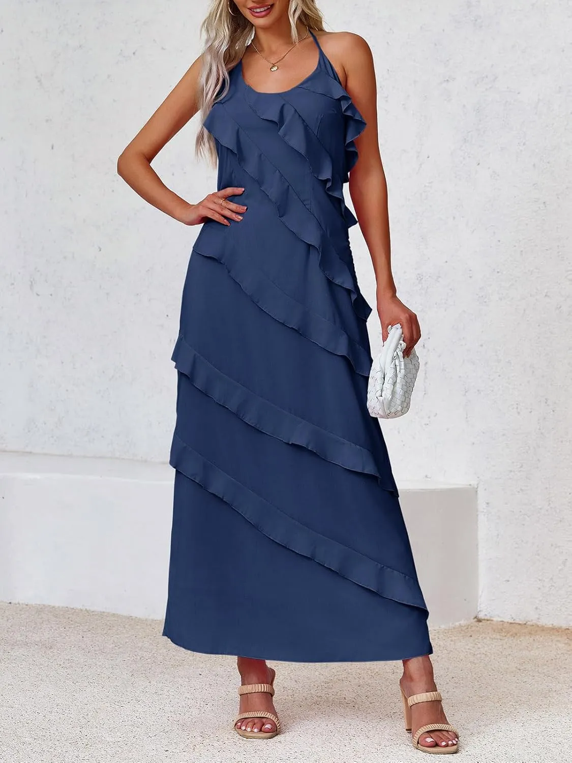 Wenrine Womens Sexy Chiffon Halter Maxi Dress Sleeveless Backless Ruffle Tassel Party Club Dresses