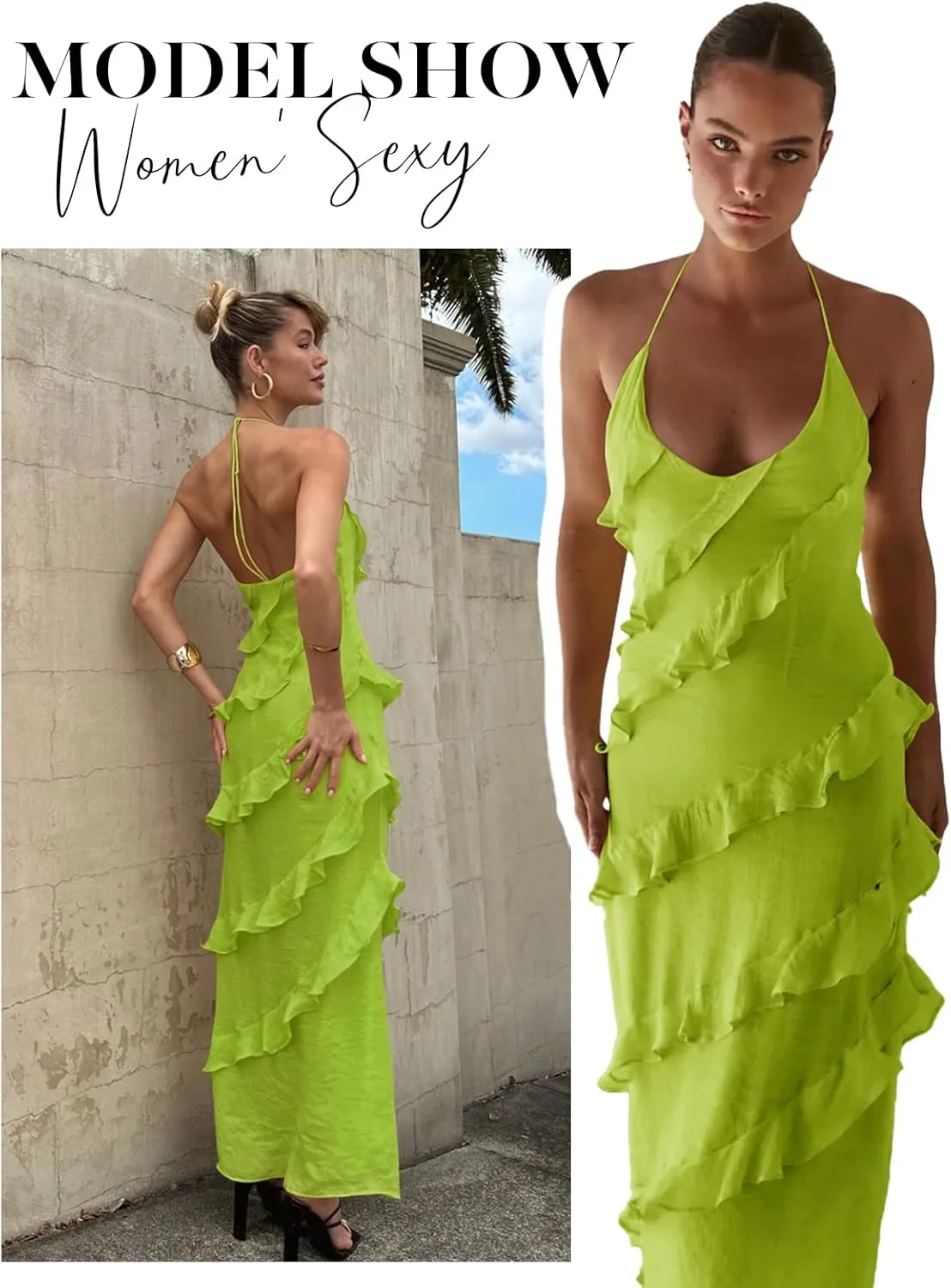 Wenrine Womens Sexy Chiffon Halter Maxi Dress Sleeveless Backless Ruffle Tassel Party Club Dresses
