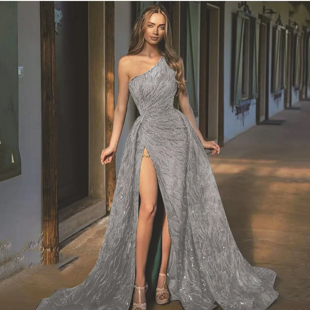 Women's Diagonal Shoulder Split Long Skirt Cocktail Dress