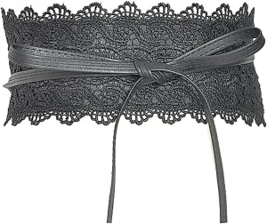 Women's Lace Waist Belt Bow Tie Wrap Around Soft Leather Boho Corset Fashion Elegant for Dresses (Black)