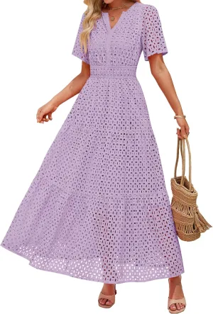 ZESICA Women's 2025 Summer Short Sleeve Maxi Dress Casual V Neck Hollow Out Eyelet Ruffle Swing A Line Long Dresses