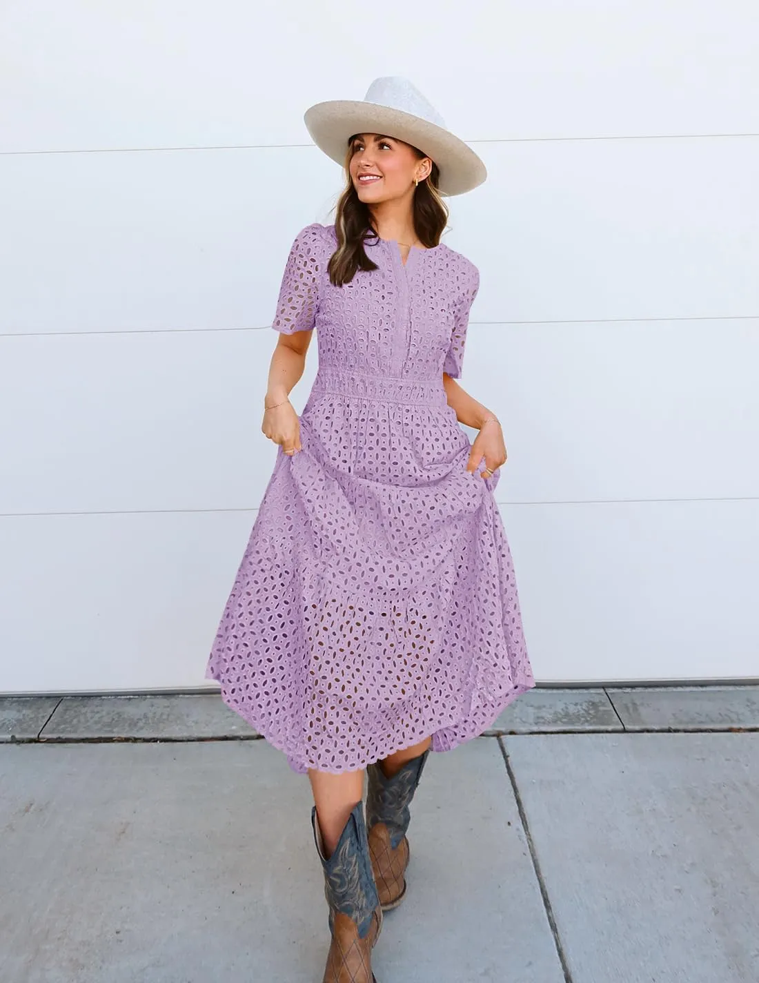 ZESICA Women's 2025 Summer Short Sleeve Maxi Dress Casual V Neck Hollow Out Eyelet Ruffle Swing A Line Long Dresses