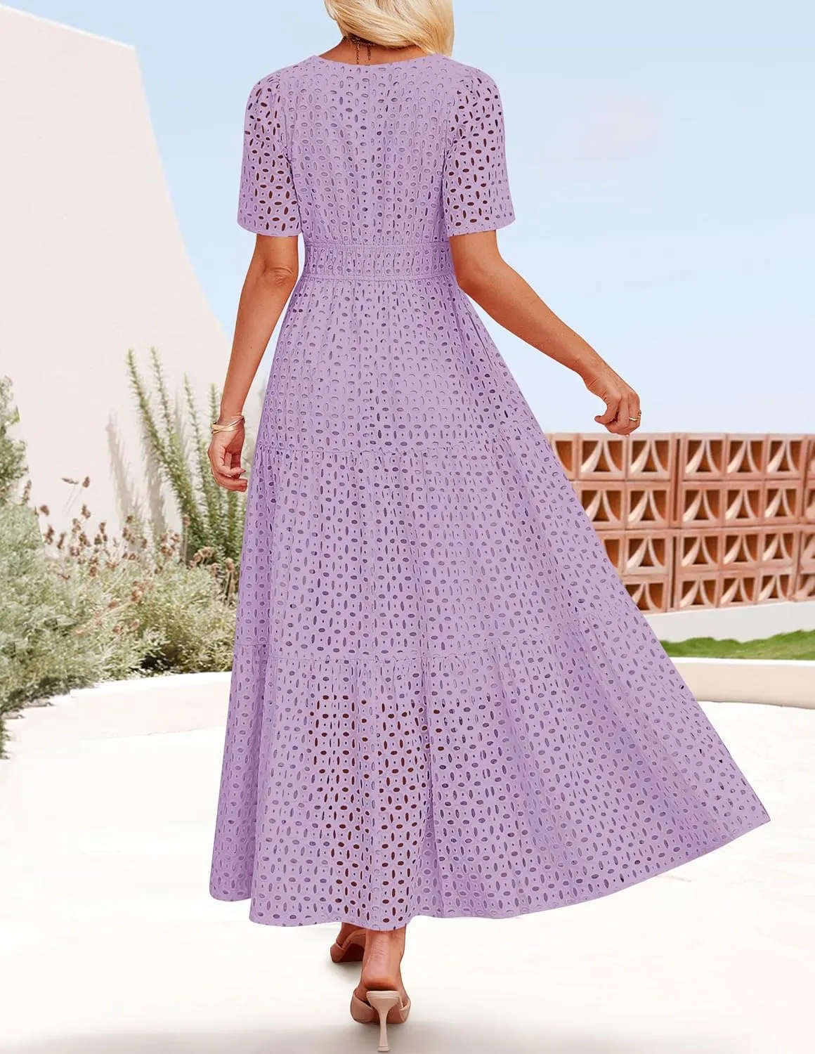 ZESICA Women's 2025 Summer Short Sleeve Maxi Dress Casual V Neck Hollow Out Eyelet Ruffle Swing A Line Long Dresses
