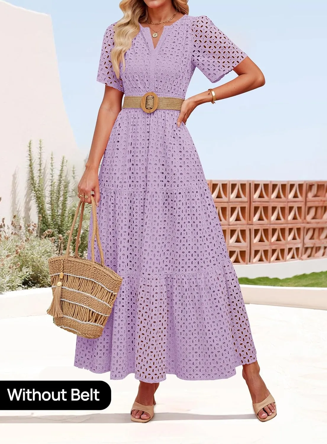 ZESICA Women's 2025 Summer Short Sleeve Maxi Dress Casual V Neck Hollow Out Eyelet Ruffle Swing A Line Long Dresses