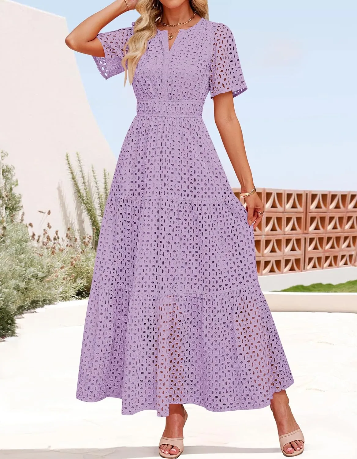 ZESICA Women's 2025 Summer Short Sleeve Maxi Dress Casual V Neck Hollow Out Eyelet Ruffle Swing A Line Long Dresses