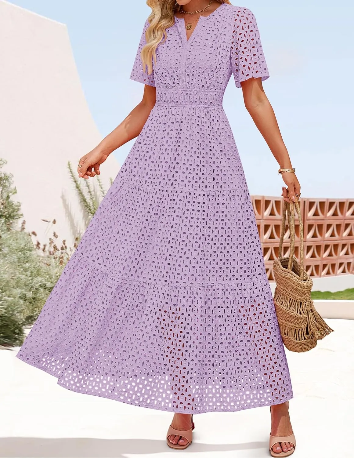 ZESICA Women's 2025 Summer Short Sleeve Maxi Dress Casual V Neck Hollow Out Eyelet Ruffle Swing A Line Long Dresses